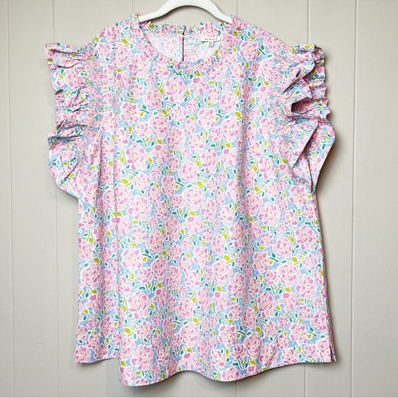JODIFL Flutter Sleeve Top 3X pink floral ruffle blouse boxy high neck plus size - Picture 11 of 12